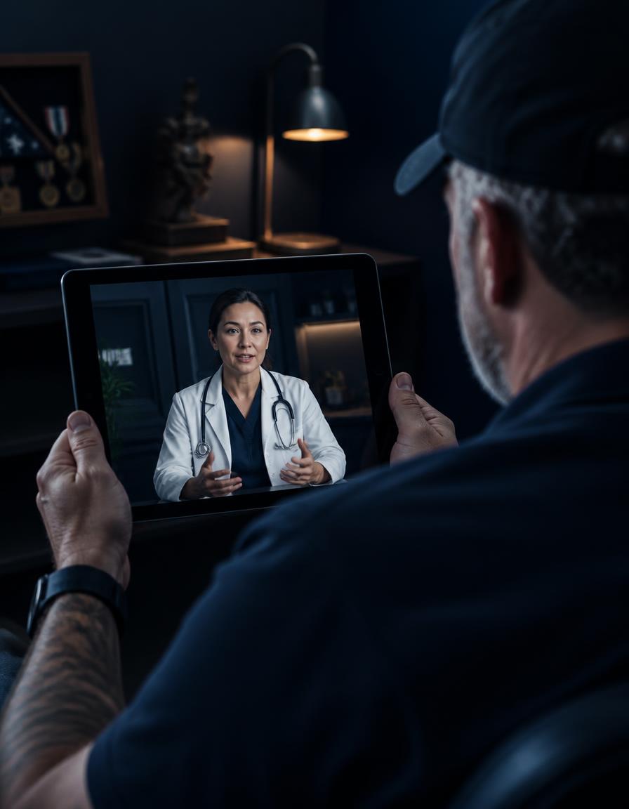 Veteran in a telehealth visit with a licensed clinician